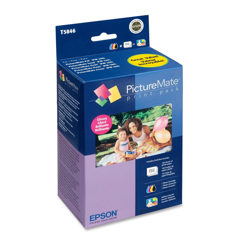 200 Series Print Pack 150 Hojas Papel Glossy T5846, Contiene un cartucho de tinta de 4 colores y 150 hojas de papel fotográfico tamaño 10cm x 15cm