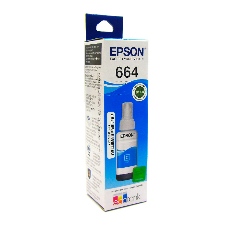 Botella de tinta EPSON T664220, color cyan, contenido 70ml, para impresoras EPSON L200.<br>