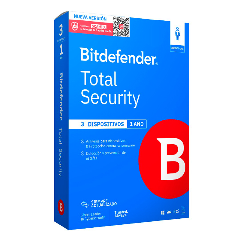 Bitdefender Total Security - Licencia de 1 año para 3 dispositivos